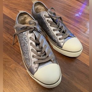 UGG silver leather, white, and silver sequin tennis shoes size 8